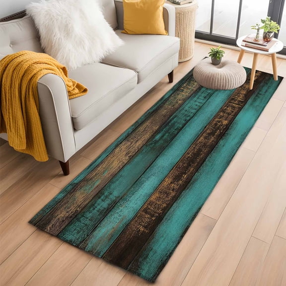 Vintage Teal Stripe Runner Rug 2x6 FT, Non Slip Hallway Rugs, Farmhouse Shabby Turquoise Washable Soft Floor Carpet Non-Shedding Throw Runner Carpet Long Rug for Entryway Kitchen Bedside Sliding Door