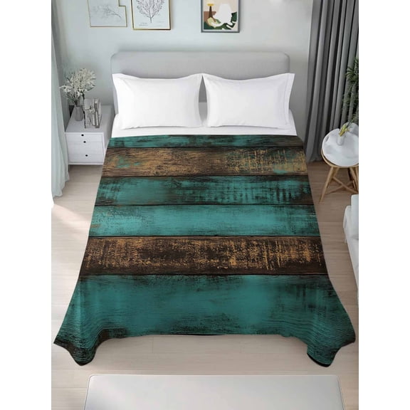 Vintage Teal Stripe Twim Size Flat Sheet, Wrinkleproof & Fadeproof Cooling Flat Bed Sheet Only, Farmhouse Shabby Turquoise Breathable Soft Bedding Top Sheets 66 x 96 Inches