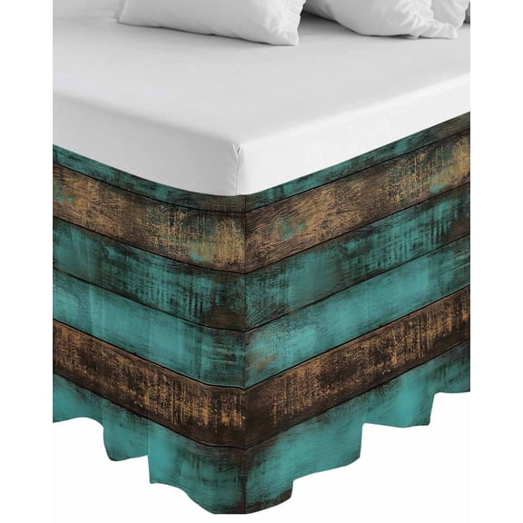 Vintage Teal Stripe Wrap Around Bed Skirts for Queen Bed 16" Drop, Bed Skirt with Adjustable Elastic Belt Dust Ruffle Bed Valance for Bedroom Hotel Luxury Farmhouse Shabby Turquoise Bed Frame Cover