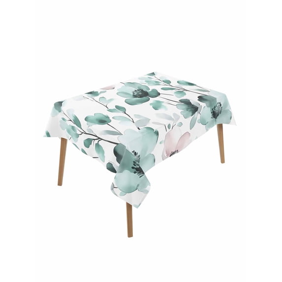 Vintage Teal Table Cloth 52x70 Inch Rectangle, Pink Floral Watercolor Blossom Flowers Abstract Waterproof Tablecloth Washable Table Cover for Party Picnic Dinner Decor