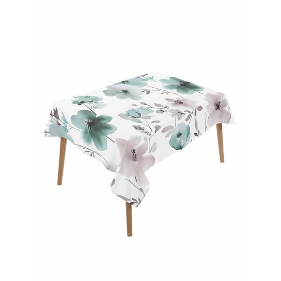 Vintage Teal Table Cloth 60x84 Inch Rectangle, Brown Floral Watercolor Blossom Flowers Abstract Waterproof Tablecloth Washable Table Cover for Party Picnic Dinner Decor