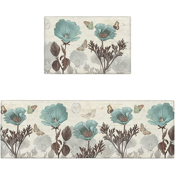 Vintage Teal Tulip Kitchen Rugs Set of 2,Elegant Floral Farmhouse Flowers Rustic Brown Washable Bath Shower Door Welcome Runner Area Rug Mat Carpet for Bedroom Bathroom Living Room Accent Throw,Large