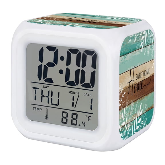Vintage Teal Turquoise Digital Alarm Clock for Bedrooms,Smart LED Alarm Clock with 7 Color Changing Night Light,Farmhouse Florals Leaf Coastal Home Silent Wake Up Clocks for Sleep Study 3.2"x3.2"