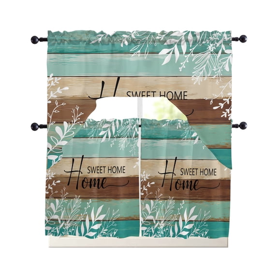 Vintage Teal Turquoise Kitchen Curtains Set for Windows 3 Piece Cafe Curtains 24 Inch Length Swag Curtains Valances and Tier Set Farmhouse Florals Leaf Coastal Home Drapes for Bedroom Living Room