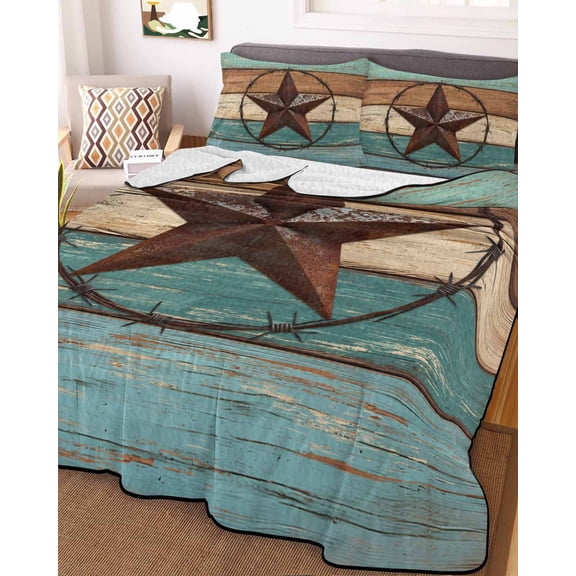 Vintage Teal Twin XL Size Down Alternative Comforter, Lightweight Comforter Quilt Bedding Set with Pillow Shams Brown Western Texas Barn Star Wood Grain All Seasons Bed Comforter Duvet Insert 68"x98"