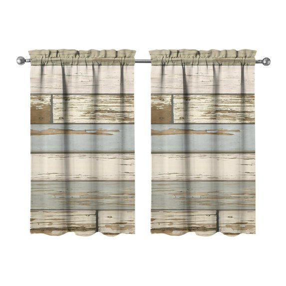 Vintage Teal Wood Grain Kitchen Curtains - Vintage Tier Cafe Curtains for Bathroom Living RV Rod Pocket Window Drapes 36 Inch 2 Panels Set 28"x36" Window Treatment Tiers