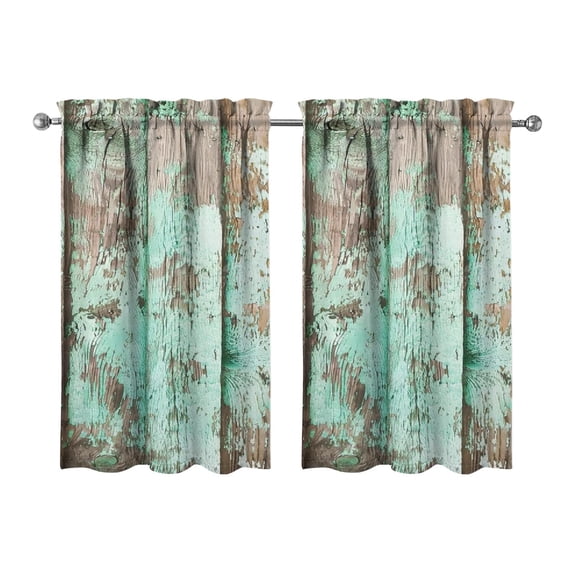 Vintage Teal Wood Grain Kitchen Curtains - Vintage Tier Cafe Curtains for Bathroom Living RV Rod Pocket Window Drapes 36 Inch 2 Panels Set 28"x36" Window Treatment Tiers