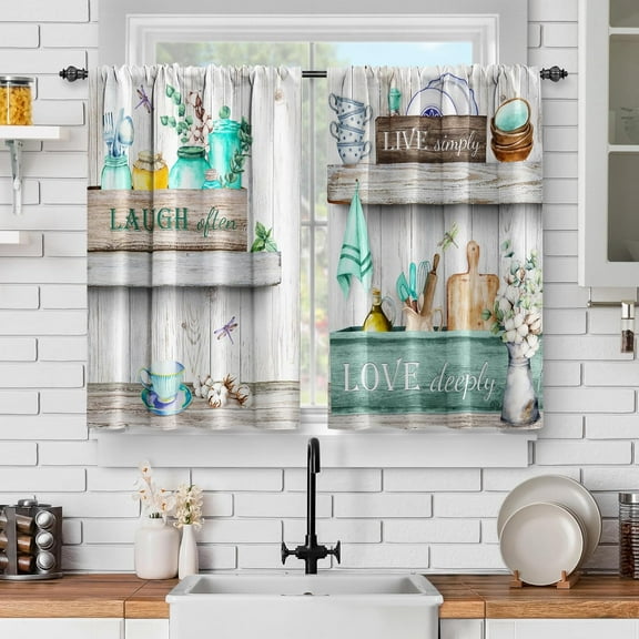 Vintage Teal Wooden Kitchen Curtains: Farmhouse Plank Eucalyptus Short Cafe Curtain Decor for Living Room Tier Curtains for Bathroom Rod Pocket Window Drapes 36 Inch Length 2 Panels Set