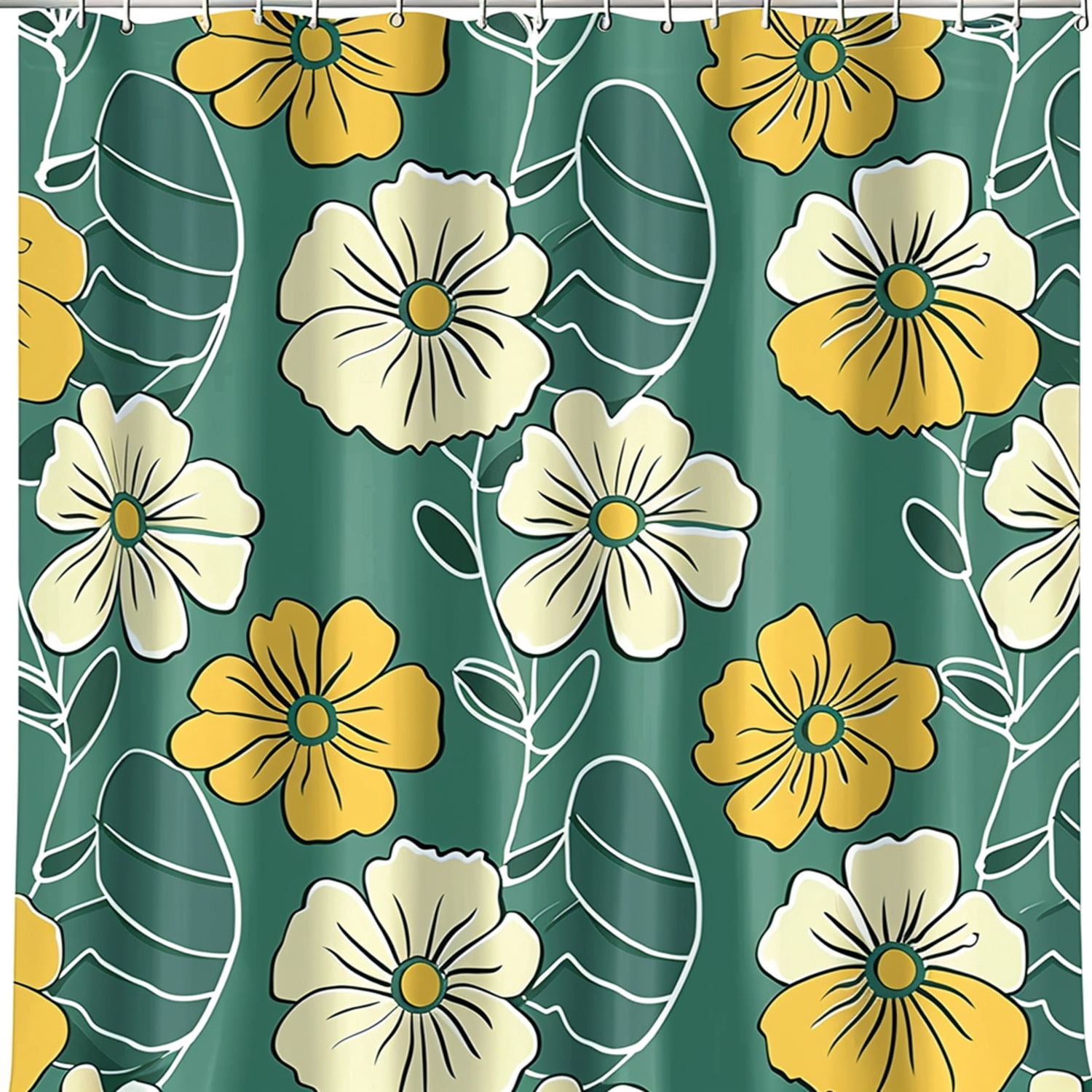 Vintage Teal and Green Floral Shower Curtain Retro Flower Design for
