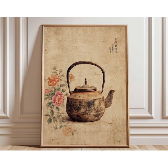 Vintage Teapot Chinese Floral Antique Kettle Wall Art Print, Unframed Paper Poster 8x10in