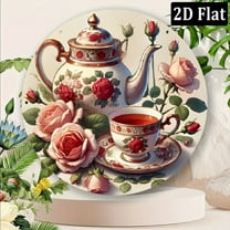 Vintage Teapot & Pink Rose Aluminum Wall Art Round, Waterproof & Dustproof Decorative Plate for Home, Bar, or Cafe _ Perfect Gift for Holidays, Room Decor, and Tea Lovers 8*8inch