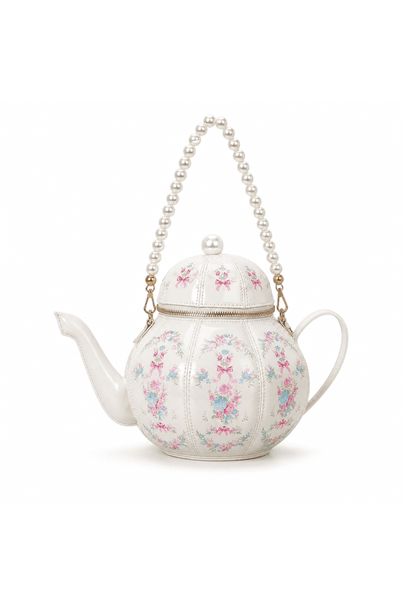 Vintage Teapot Shaped Handbag for Women, White Floral PU Leather Purse with Pearl Accent, Detachable Shoulder Strap, Elegant Clutch and Crossbody Bag for Parties Tea Events Weddings, Gifts