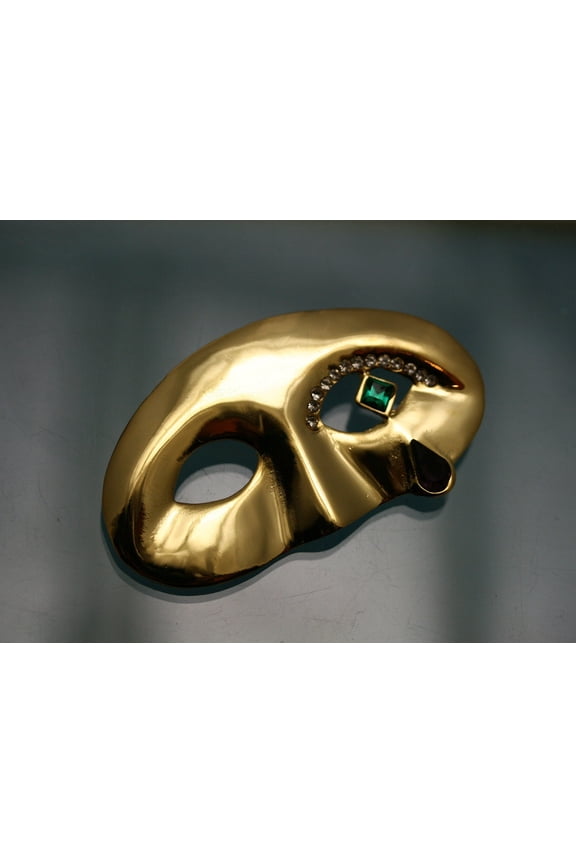 Vintage Tear Drop Mask Actor Rhinestone Crystal Gold Tone Red Green Pin Brooch