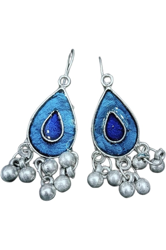 Vintage Teardrop Dangle Earrings, Blue Enamel with Silver Bells, Bohemian Style