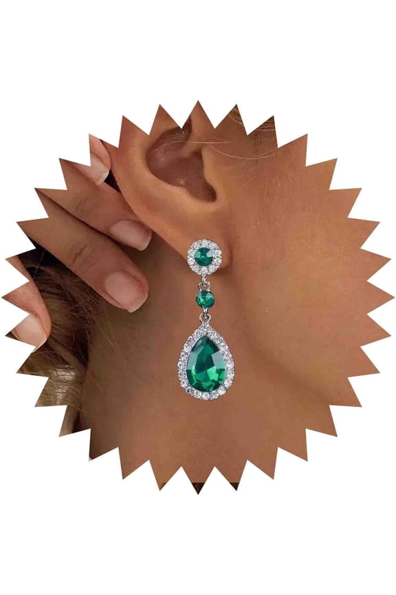 Vintage Teardrop Emerald Earrings Green Crystal Earrings Green Rhinestone Dangle Earrings Emerald Gemstone Drop Stud Earrings Jewelry for Women