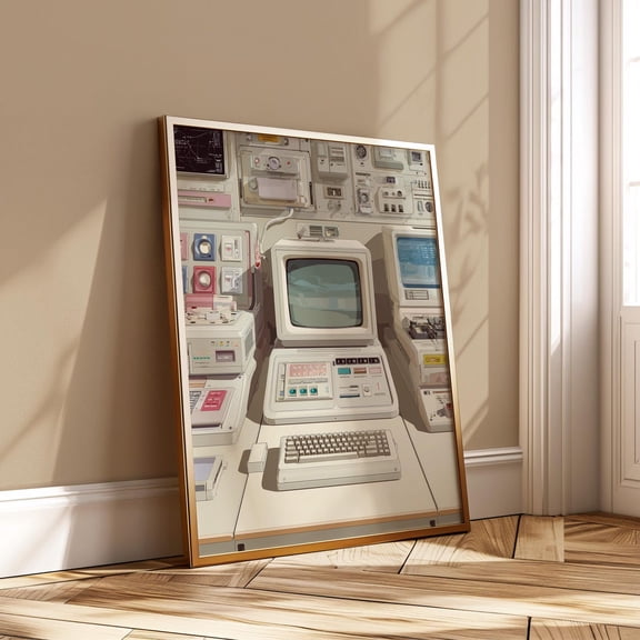 Vintage Tech Sci-Fi Wall Art Retro Computer Control Station Nerd Room Poster, Stretched Canvas 12x16in