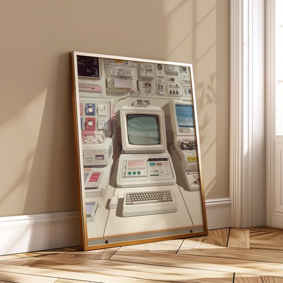 Vintage Tech Sci-Fi Wall Art Retro Computer Control Station Nerd Room Poster, Unframed Paper Poster 11x14in