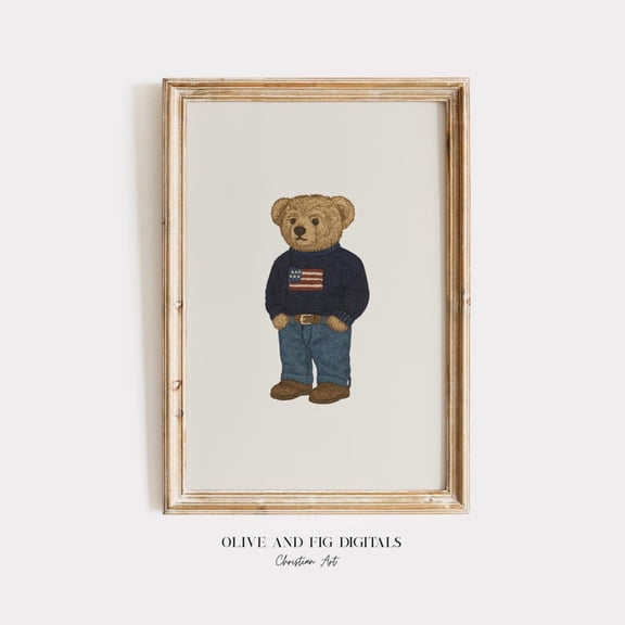 Vintage Teddy Bear Art Print: Preppy Nursery Decor 16x24 UNFRAMED