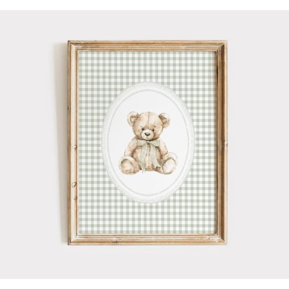 Vintage Teddy Bear Gingham Nursery Wall Art Poster for Baby Room Decor 24x36 UNFRAMDE