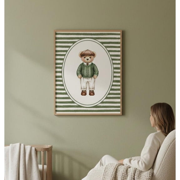 Vintage Teddy Bear Nursery Wall Art Green Striped Preppy Kids Room Print 16x24 UNFRAMED