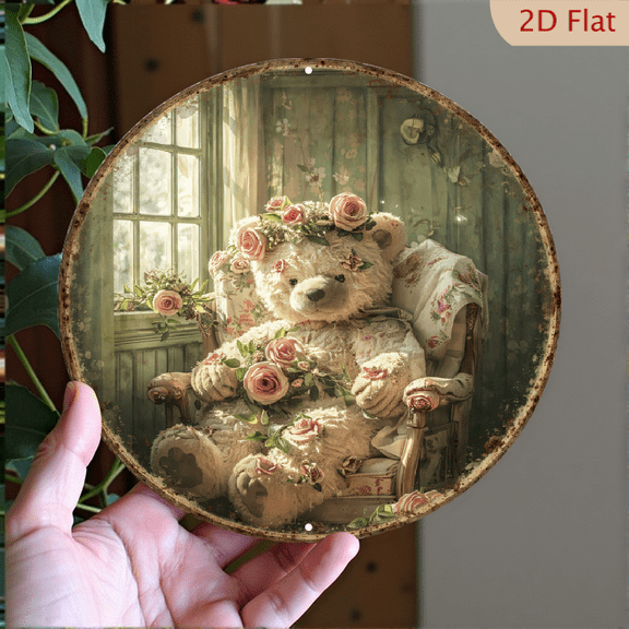 Vintage Teddy Bear Wall Art, Romantic Floral Round Aluminum Metal Sign, 8x8 Inch Decorative Plate for Home Decor