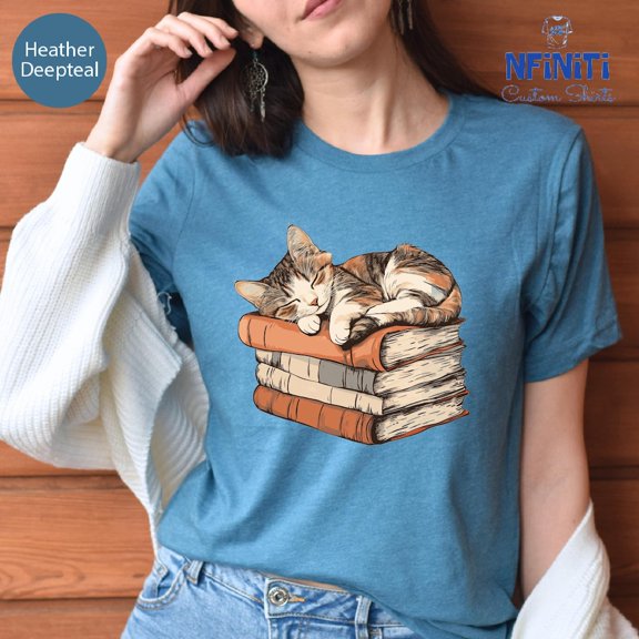Vintage Tee Hot trending Cat Sleeping On Books Gift Shirt, Librarian Gift Kitten Tshirt, Books And Cats Lover Tees, Cat Owner Shirt, Book Nerd Shirt,Book Lover Shirt - Birthday Gifts