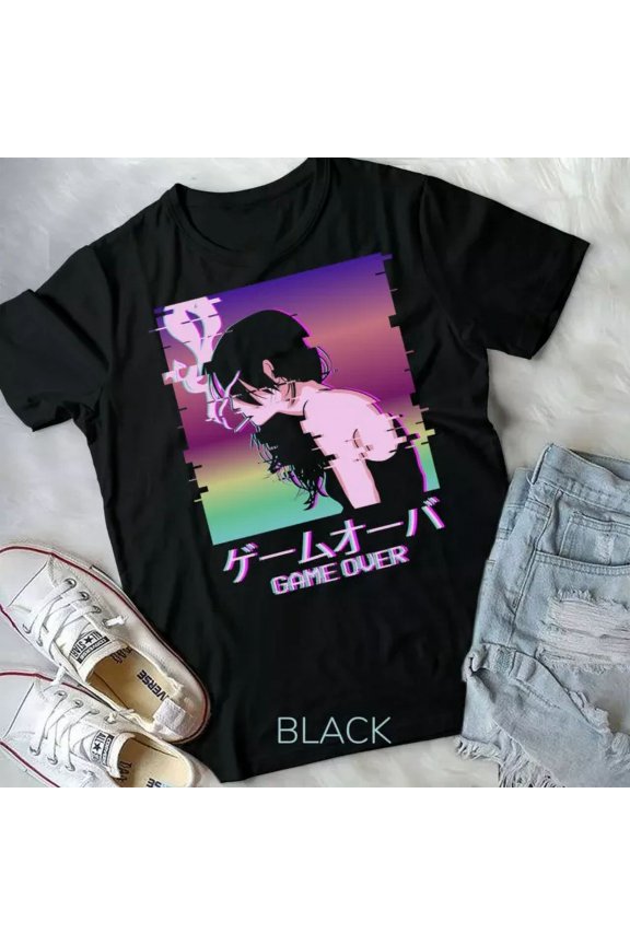 Vintage Tee Hot trending Japanese Vaporwave Sad Anime Girl Game Over Indie Aesthetic Unisex T-Shirt - Birthday Gifts