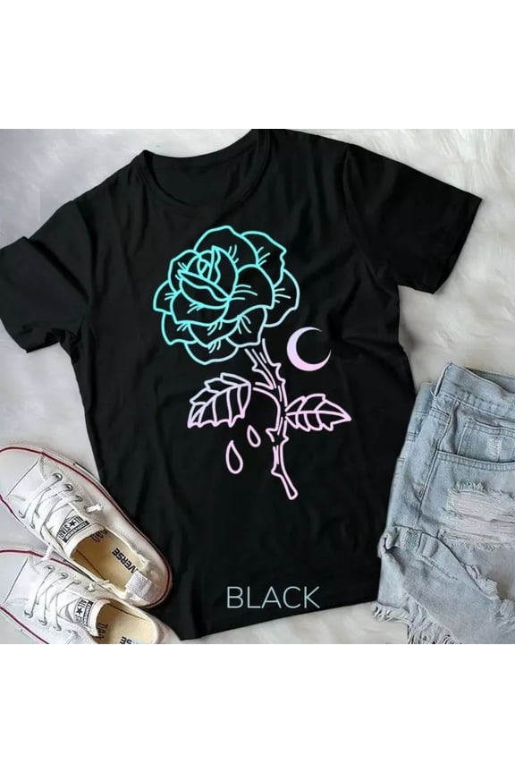 Vintage Tee Hot trending Pastel Goth Flower Emo Aesthetic Clothes Moon Rose Unisex T-Shirt - Birthday Gifts