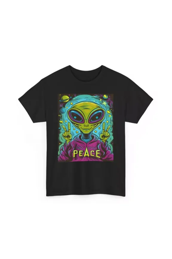 Vintage Tee Hot trending Space Alien Peace Funny T-shirt - UFO Humorous Novelty Graphic Tee - Birthday Gifts