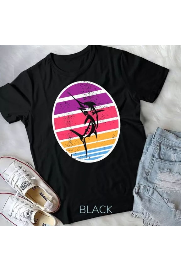 Vintage Tee Hot trending Vintage Retro Distressed Fishing Sunset Swordfish Men Unisex T-Shirt - Birthday Gifts