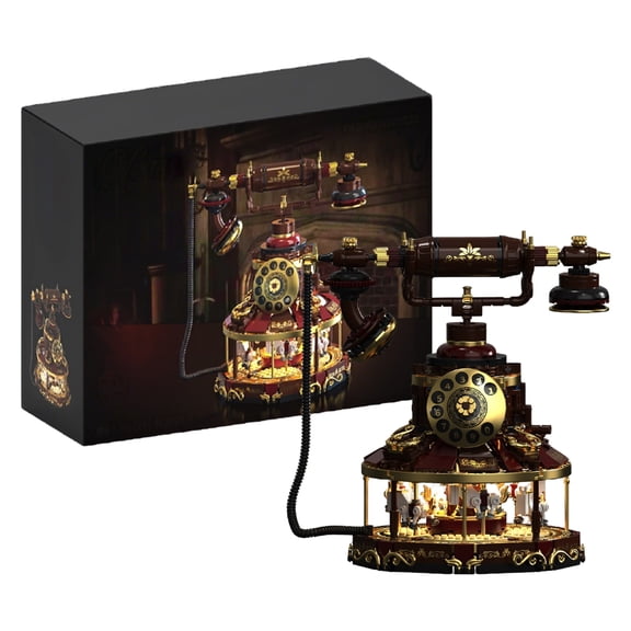 Vintage Telephone Carousel Building Block Set with Lights, 1130Pcs Retro Rotary Phone Model, Rotating Musical Box Style Decor