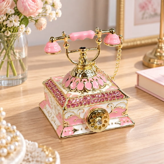 Vintage Telephone Jewelry Box, Pink Metal Trinket Box with Hinged Lid for Women, Decorative Small Jewelry Storage Case for Rings Earrings and Crafts, Retro Desk Decor for Christmas Valentine's Day