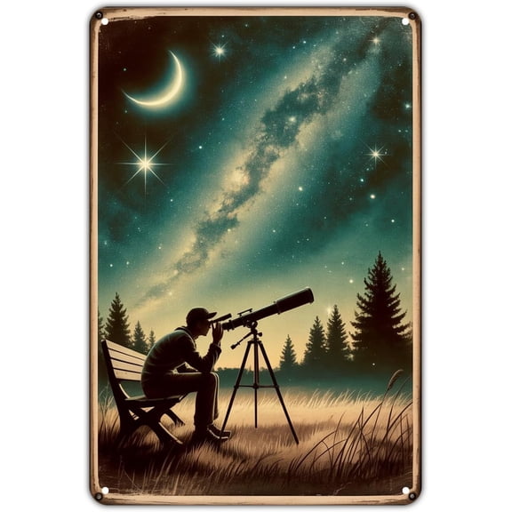 Vintage Telescope Stargazing Metal Tin Sign, Astronomy Night Sky Wall Decor for Garden, Porch, Bar, Bedroom, Kitchen, 8 x 12 Inch