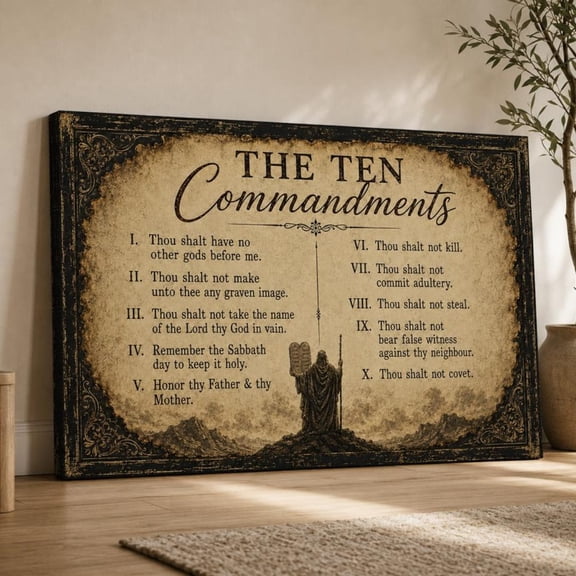 Vintage Ten Commandments Canvas, Bible Verse Wall Art, Christian Home Decor