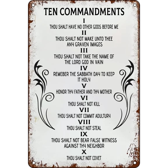 Vintage Ten Commandments Wall Decor Antique Bible Verse Christian Sign Metal Tin Sign 10 Commandments Wall Art Motivational Posters for Home Bedroom Living Room Office Room Decor 8x12 Inch, Beige