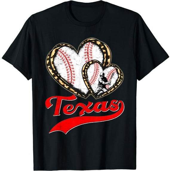 Vintage Texas Baseball Leopard Heart Baseball Fans T-Shirt Black Large