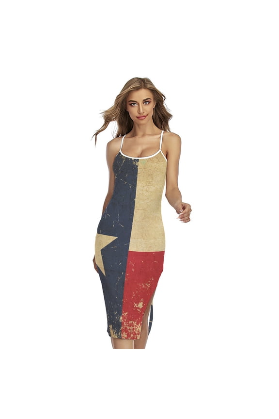 Vintage Texas Flag Printed Cross Back Cami Dress, American Flag Fashion Summer Maxi Sexy Casual Dress For Women. Gifts For Us Independence Day, 4Th Of July