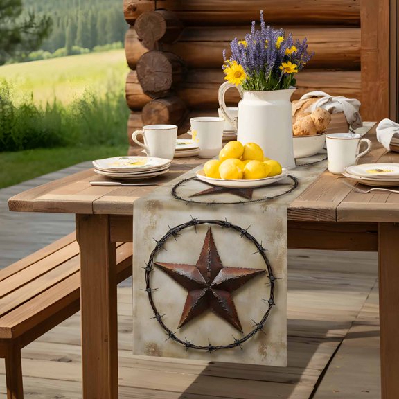 Vintage Texas Lone Star Hoop Table Runner 60 Inch Long 4th of July Pentagram Table Runners Linen Burlap Tablerunner for Kitchen Dining Room Holiday Party