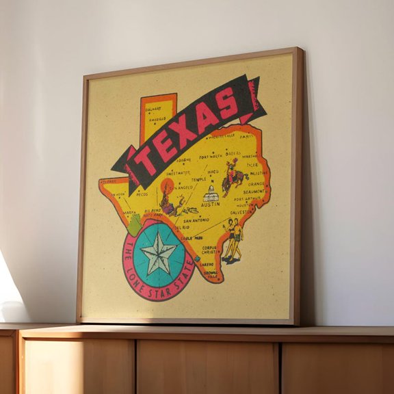 Vintage Texas Map Wall Art Decal Print Home Decor Wall Hanging State Poster Quality Paper Gift Idea Room Decoration Western Style Lone Star Decor Size 24x36 Unframed Poster