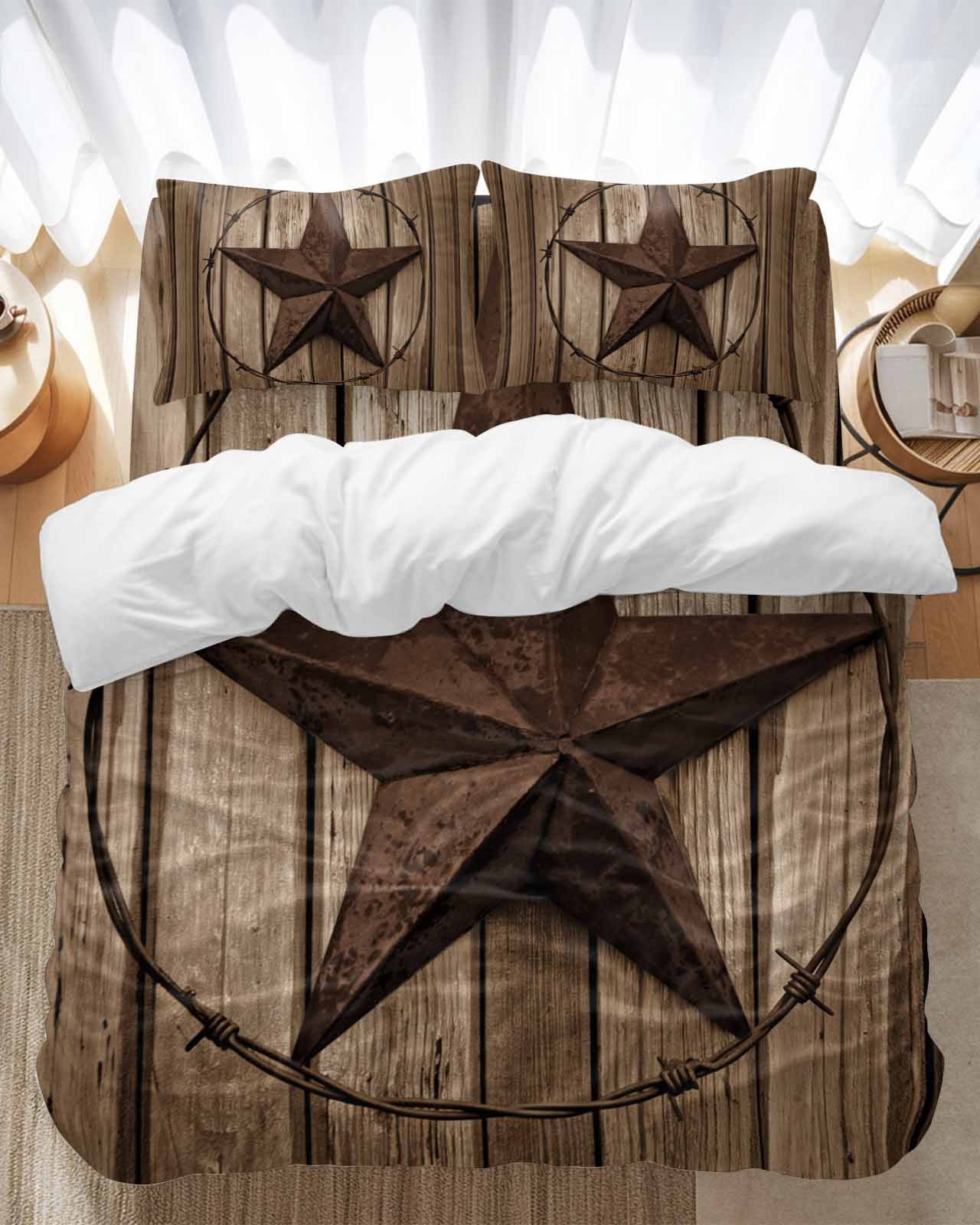 Vintage Texas Star Bedding Duvet Cover Set King Size 4 Pieces Brown Wood Grain Wire Soft Twill Plush Quilt Cover, Include 1 Duvet Cover 1 Flat Sheet And 2 Pillow