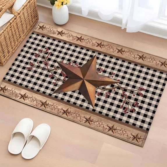 Vintage Texas Star Brown Entryway Rug 2'x3' Non Slip Front Door Mats, Black Plaid Berry Farmhouse Entrance Rugs Indoor Outdoor Carpet, Washable Floor Mats Small Area Rug for Bedroom Kitchen