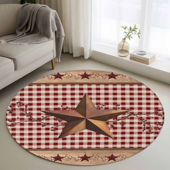 Vintage Texas Star Brown Round Area Rug 3Ft Washable Small Circle Rugs for Kitchen Entryway, Red Plaid Berry Farmhouse Non-Slip Carpet Floor Mats Indoor Outdoor Carpet Runner Aesthetic Home Decor