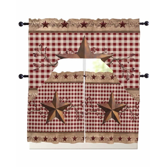 Vintage Texas Star Brown Swag Kitchen Curtains Sets for Windows 24 Inch Length, Red Plaid Berry Farmhouse Short Window Curtain Panels Swags Valances and Tiers 3 Piece Set for Cafe/Dining Room