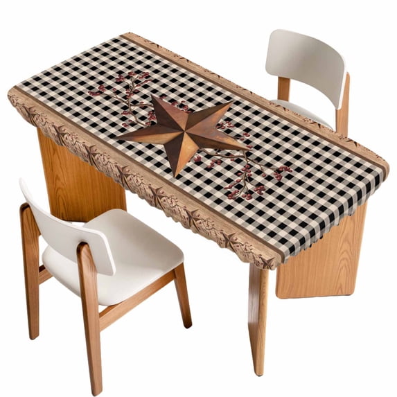 Vintage Texas Star Brown Table Cloths for 4 Foot Rectangle Tables, Black Plaid Berry Farmhouse Patio Waterproof Elastic Fitted Tablecloths, Washable Rectangular Table Cover for Camping