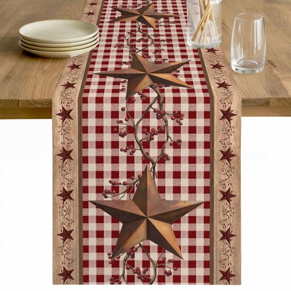 Vintage Texas Star Brown Table Runner - 36 Inch Long Red Plaid Berry Farmhouse Cotton and Linen Blended Dress Scarves Farmhouse Table Runner for Kitchen Dining, Coffee Table, 13" x 36"