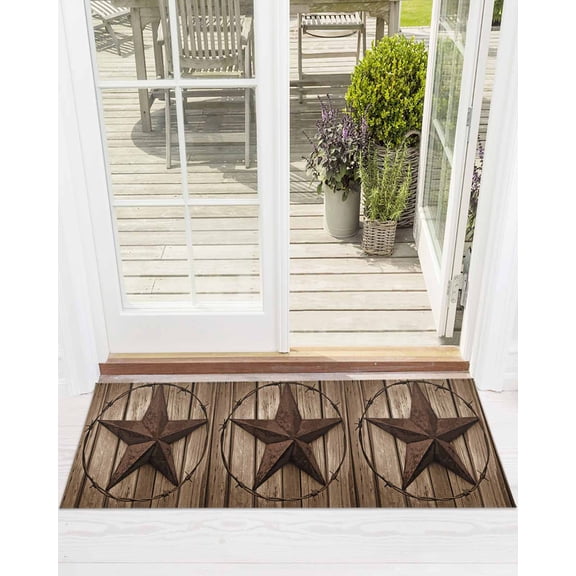 Vintage Texas Star Front Door Mat Brown Wood Grain Wire Welcome Doormat Indoor Outdoor Entrance Floor Mat Non-Slip Washable Runner Rug for Front Porch Decor 16x47 Inch
