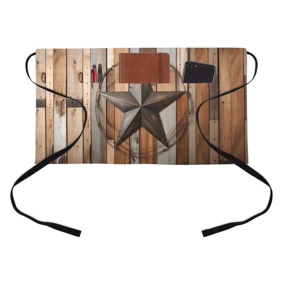 Vintage Texas Star Half Waist Apron Farmhouse Retro Wooden Board Short Waiter Aprons with 3 Pockets for Women Men Kitchen Restaurant Cooking