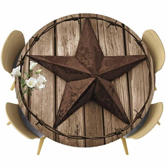 Vintage Texas Star Round Fitted Table Cover Brown Wood Grain Wire Waterproof Table Cloth with Elastic Edge Wipeable Tablecloth for Picnic Camping Party Fits 45"-54" Diameter