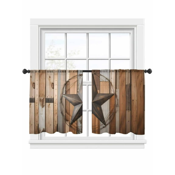 Vintage Texas Star Sheer Curtains 45 Inch Long 2 Panels, Farmhouse Retro Wooden Board Light Filtering Rod Pocket Semi Sheer Curtains, Sheer Voile Drapes for Living Room Bedroom, 52"x45"