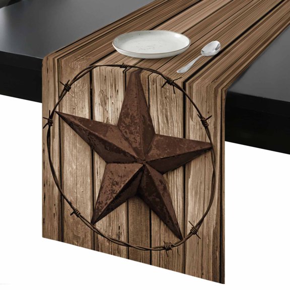 Vintage Texas Star Table Runner 13x36 Inch Brown Wood Grain Wire Table Runner Non-Slip Dresser Scarves for Holiday Decorations, Party, Dinner and Gatherings, 1 Pack